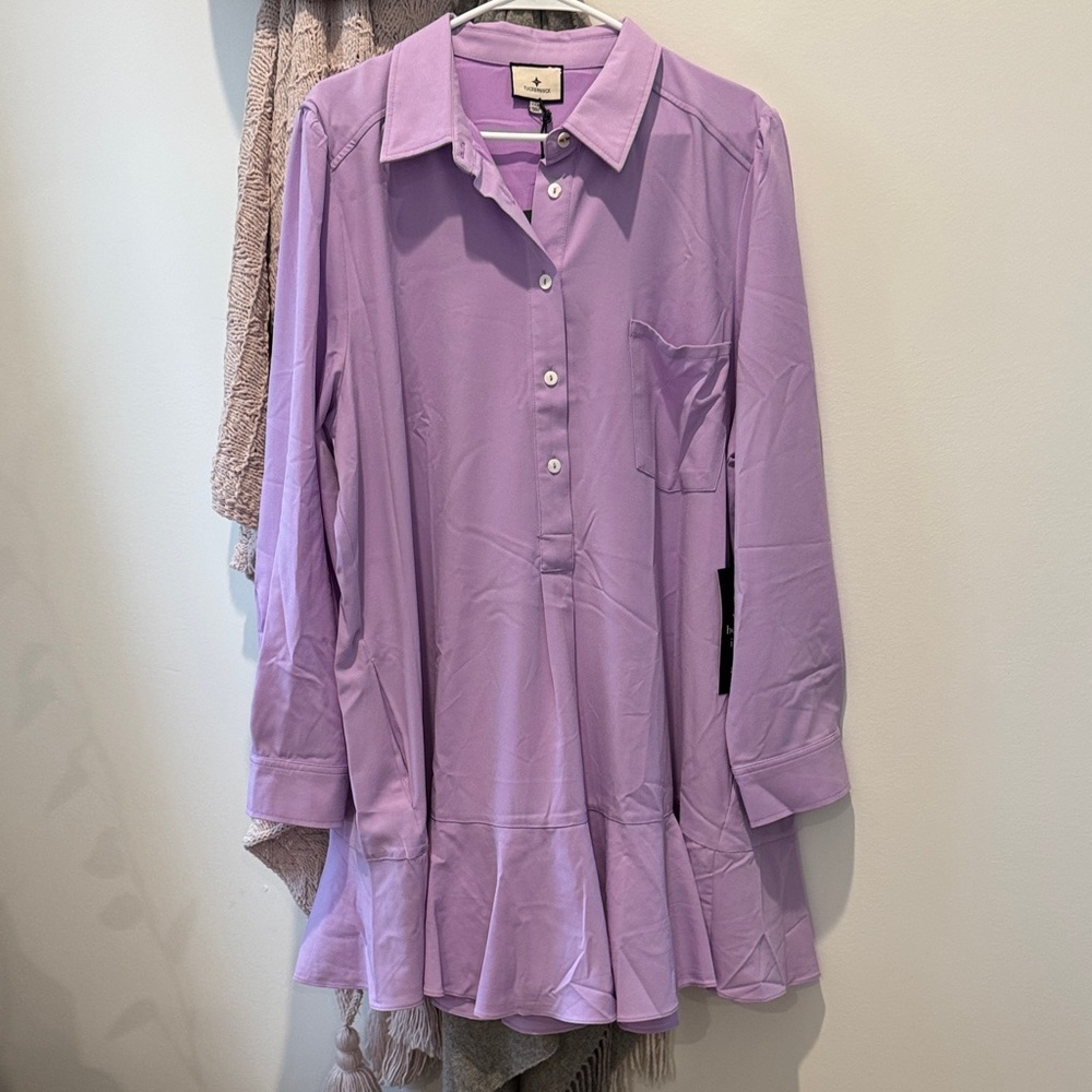 Lavender Button-Up Ruffle Hem Shirt Dress